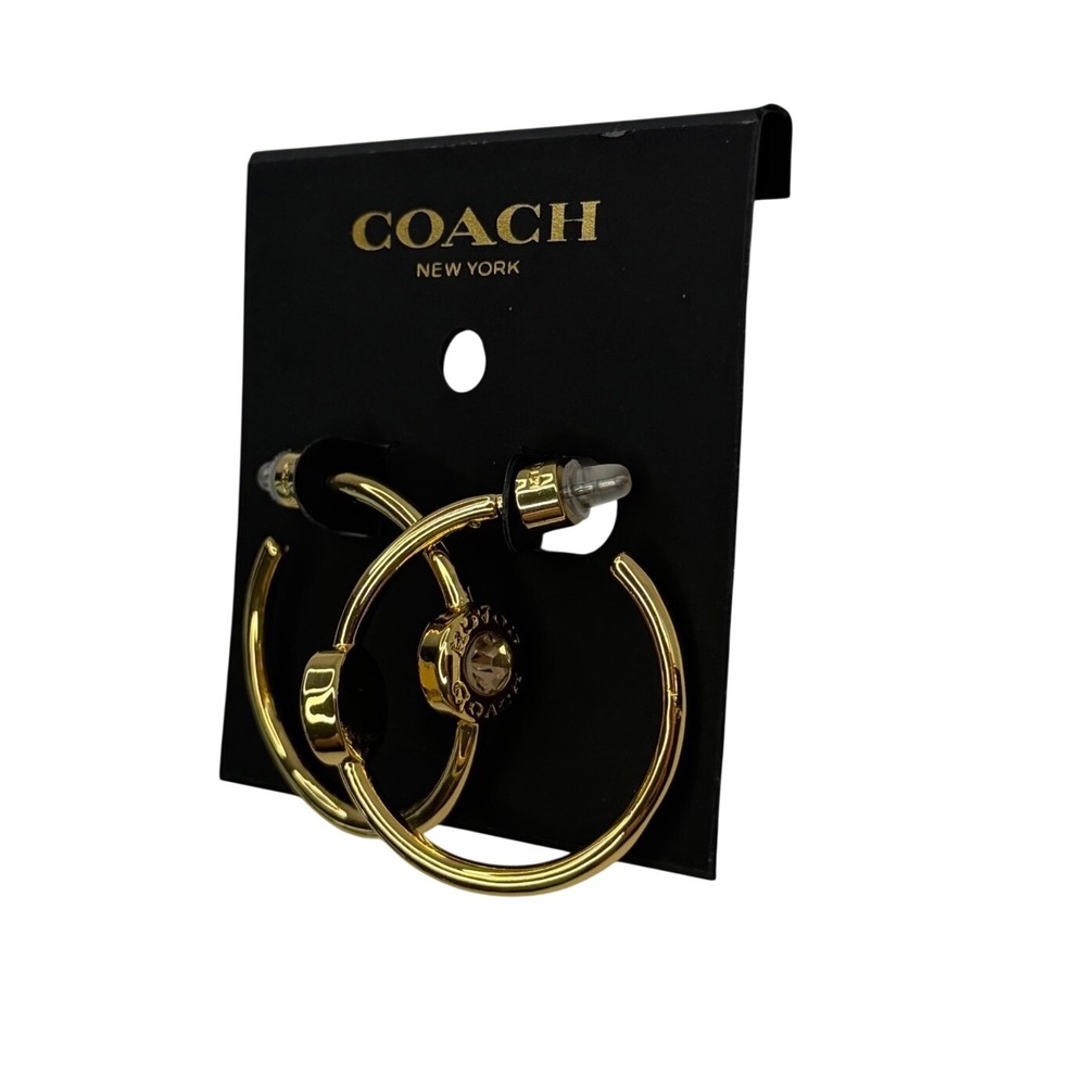 Coach Gold Tone Signature C Halo Pave Crystal Hoop Earrings NWT Preppy Luxury - Picture 3 of 4